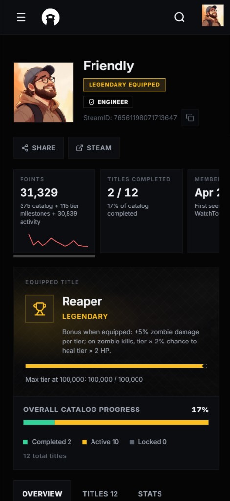WatchTower player profile with stats, equipped title, and catalog progress